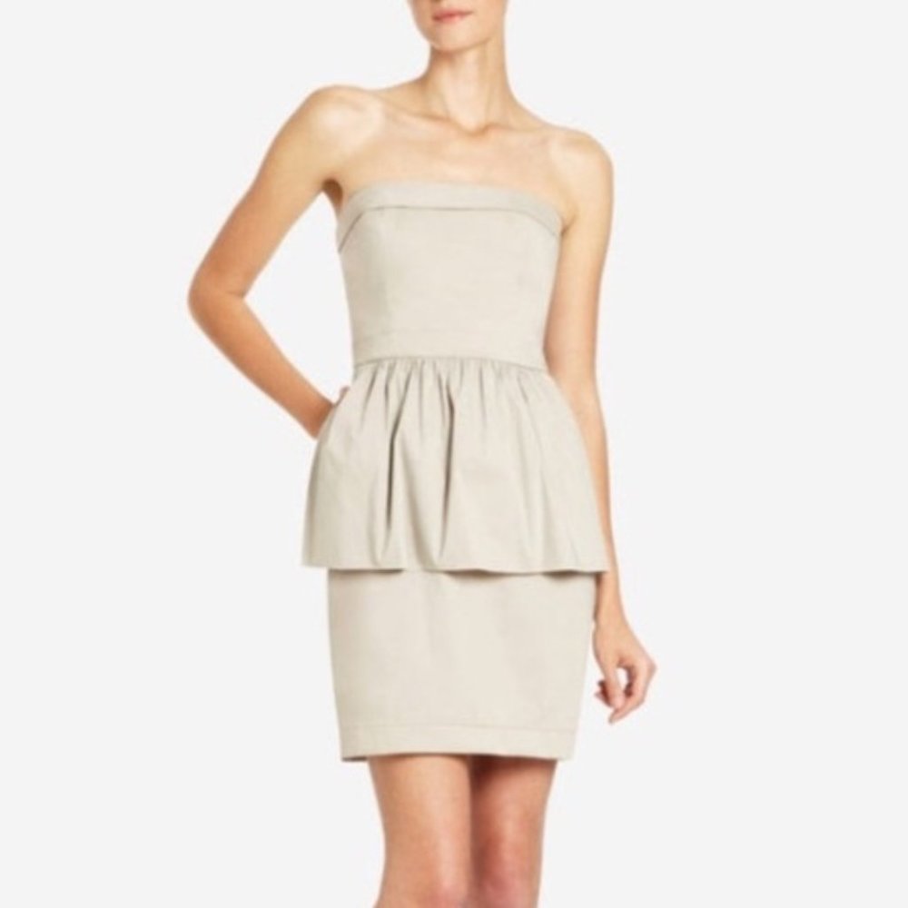 BCBG MaxAzria Huxley nude / stone color peplum strapless dress (size 4)